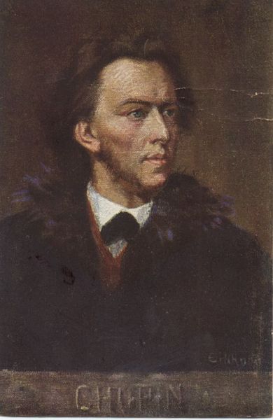 Cartolina postale illustrata raffigurante il musicista Fryderyk Chopin a mezzobusto. …