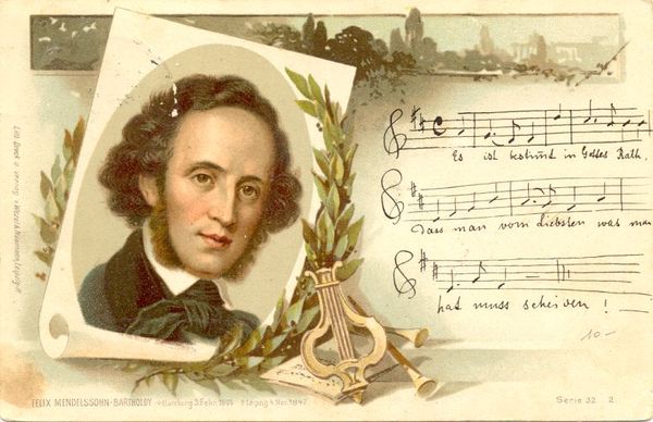 Cartolina postale illustrata raffigurante il musicista Felix Mendelssohn. 1920 circa.