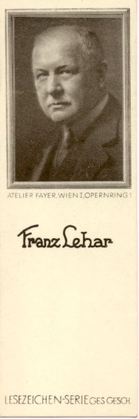 Segnalibro illustrato raffigurante il musicista Franz Lehar. 1920 circa.