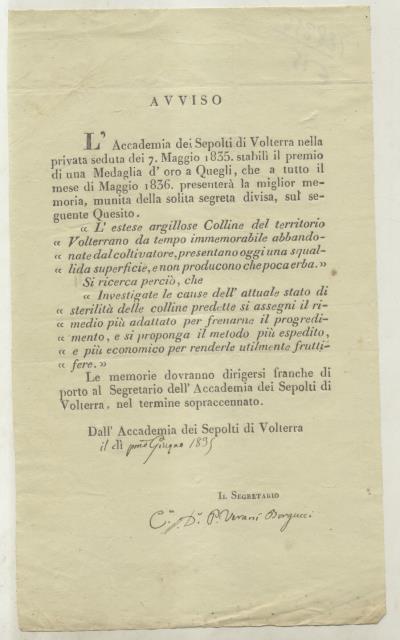 Avviso della Accademia dei Sepolti di Volterra per un Premio …