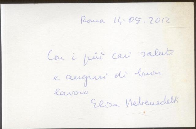 Biglietto autografo firmato della storica dell'arte Elisa Debenedetti (Torino, 1933-2024), …