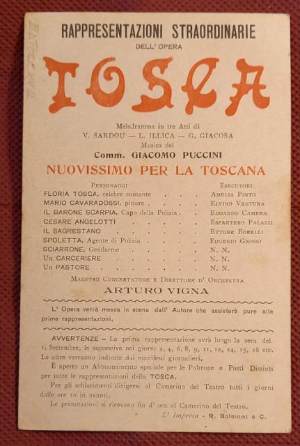 Cartolina per l'esecuzione di "Tosca" di Giacomo Puccini al Teatro …