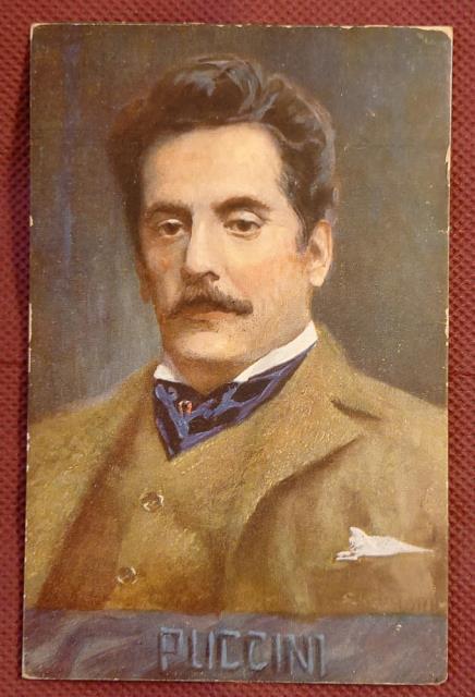 Cartolina postale a colori raffigurante il musicista Giacomo Puccini a …