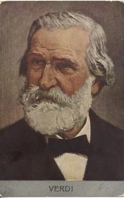 Cartolina postale illustrata raffigurante il musicista Giuseppe Verdi a mezzobusto.