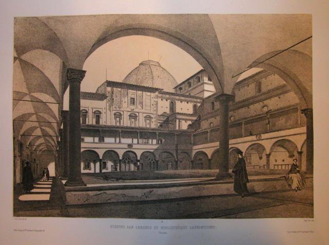 CLOITRE DE SAN-LORENZO ET BIBLIOTHEQUE LAURENTIENNE. Firenze. Riproduzione tratta dall'album …