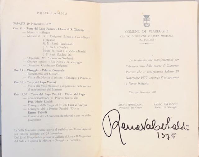 Firma autografa di Renata Tebaldi su depliant d'invito alle manifestazioni …