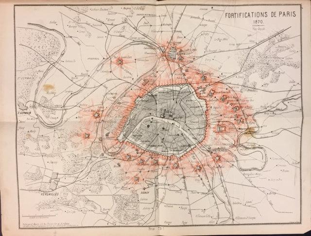 FORTIFICATIONS DE PARIS, 1870. Pianta di Parigi in bicromia.