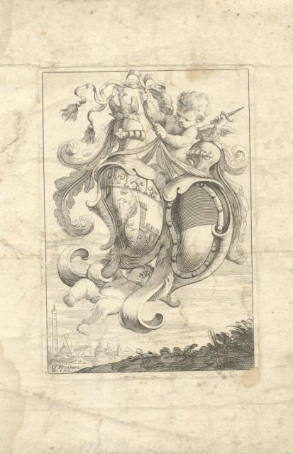 Incisione allegorica disegnata e incisa da Domenico Bonavera, con vedutina …