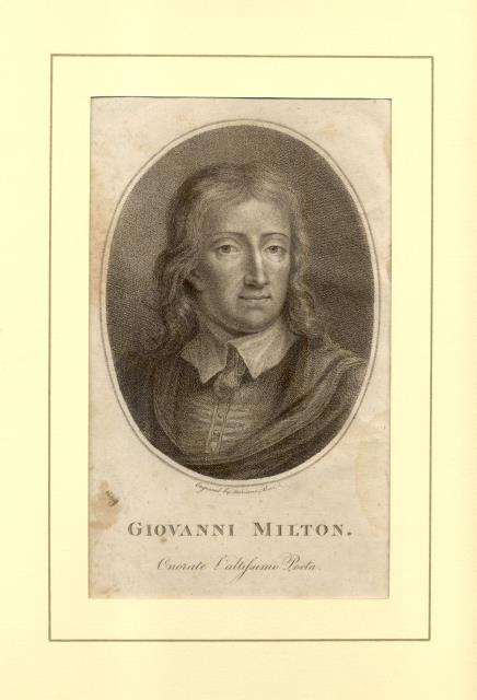 Incisione originale raffigurante il letterato inglese John Milton in ovale. …