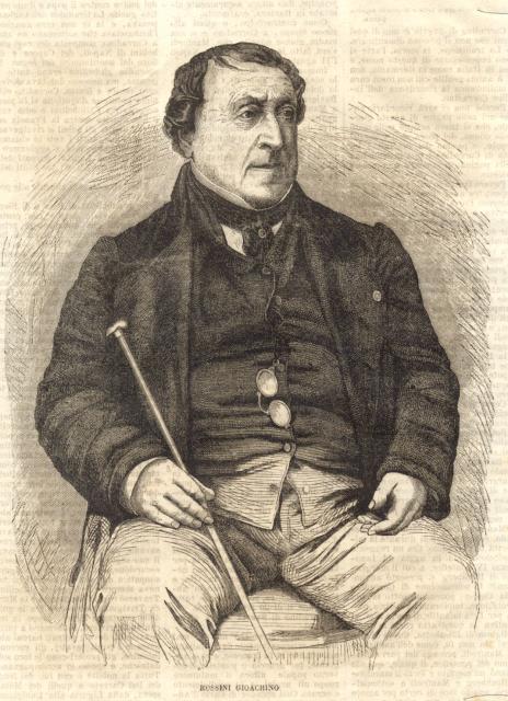 Incisione originale raffigurante il musicista Gioacchino Rossini. 1860 circa.