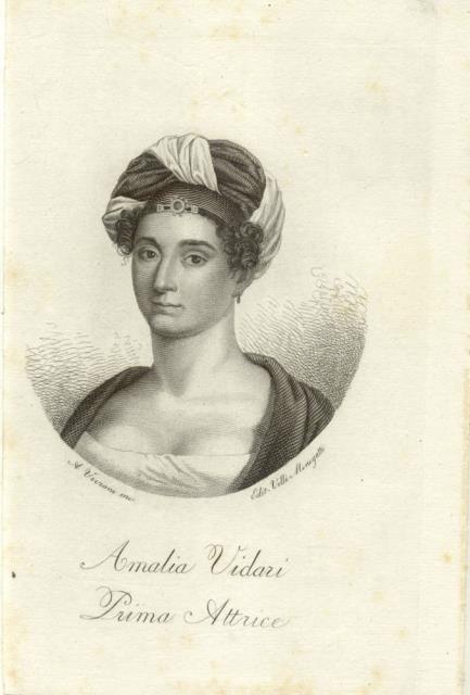 INCISIONE RAFFIGURANTE LA PRIMA ATTRICE AMALIA VIDARI. 1830 circa.