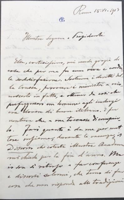 Lettera autografa del Senatore Oreste Tommasini (Roma, 1844-1919), Socio della …