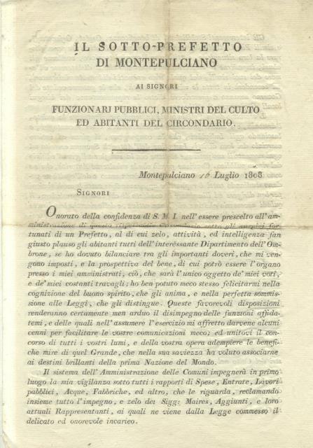 Notificazione del Sotto-Prefetto di Montepulciano nell'assunzione dell'incarico. Montepulciano, 16 luglio …