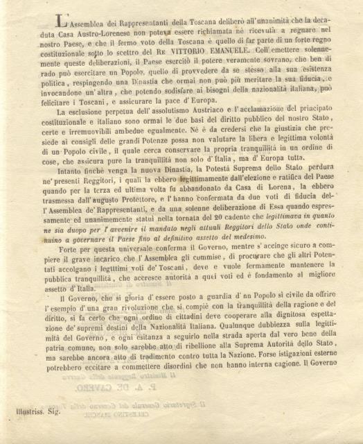 Notificazione originale del Governo della Toscana all'indomani della indipendenza dai …