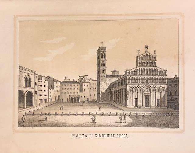 PIAZZA SAN MICHELE, LUCCA. Litografia originale raffigurante, in immagine speculare, …