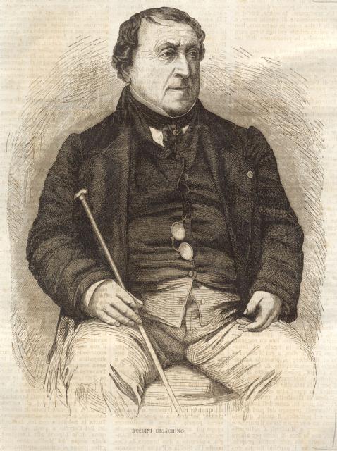 Ritratto in xilografia del musicista Gioacchino Rossini.