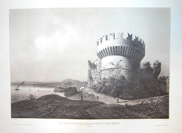 VUE DES RUINES ETRUSQUES ET TOUR DU XIII° SIECLES. Populonia. …