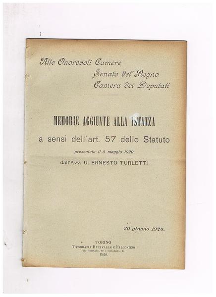 Memorie aggiuntive alla istanza a sensi dell'art. 57 dello statuto …