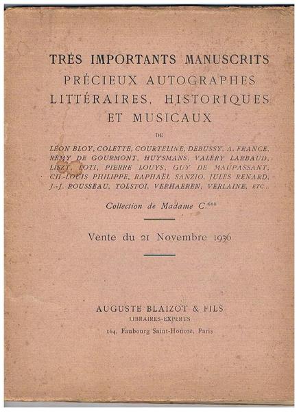 Très importants manuscrits précieux autographes littéraires, historiques et musicaux de …