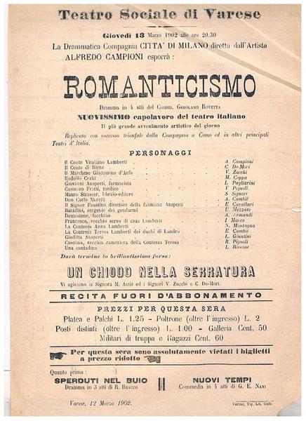 Teatro Sociale di Varese. Rappresentazione di Romanticismo da parte della …