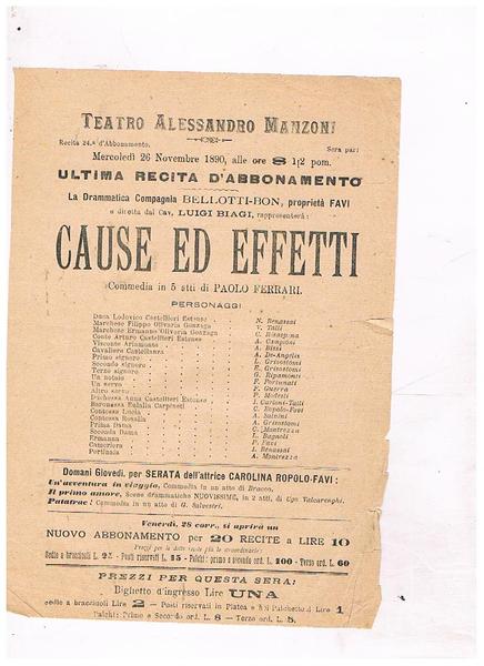 Teatro Alessandro Manzoni. Mercoledi 26 novembre 1890 ultima recita d'abbonamento …