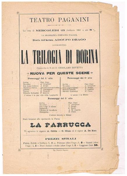 Teatro Paganini. Il 25 febbraio 1891 la drammatica compagnia diretta …