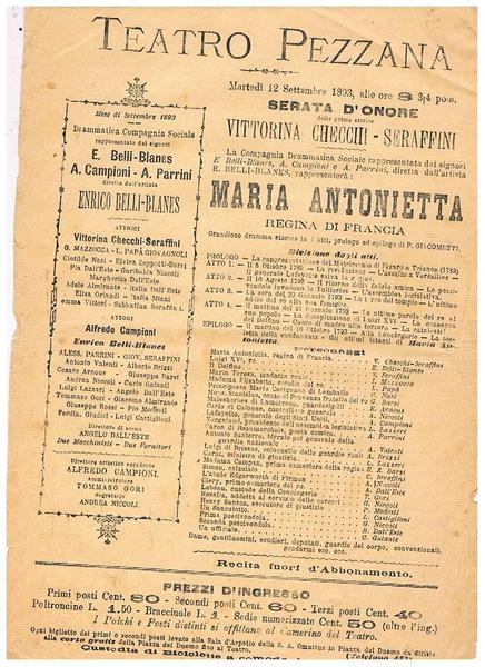 Teatro Pezzana. Martedi 12 settembre 1893, serata d'onore dell'attrice Vittorina …
