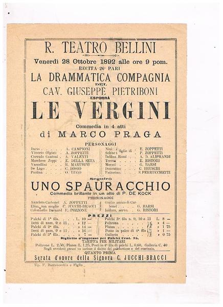 R. Teatro Bellini. Venerdi 28 ottobre 1892. La drammatica compagnia …