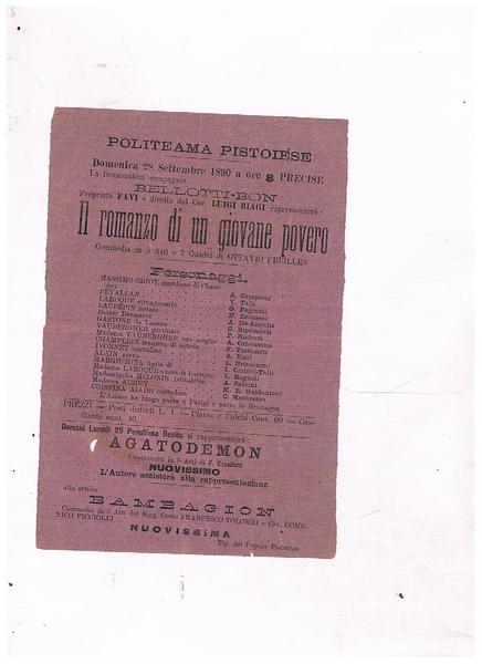 Politeama Pistoiese. Domenica 28 settembre 1890; la drammatica compagnia Bellotti-Bon, …
