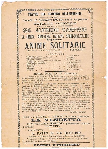 Teatro del giardino dell'Esbekieh. Il 13 settembre 1897 serata d'onore …