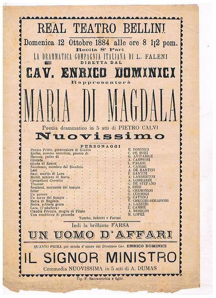 Real Teatro Bellini, il 12 ottobre 1884 la drammatica compagnia …