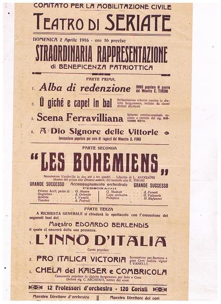 Teatro di Seriate. Domenica 16 aprile 1916 straordinaria rappresentazione di …