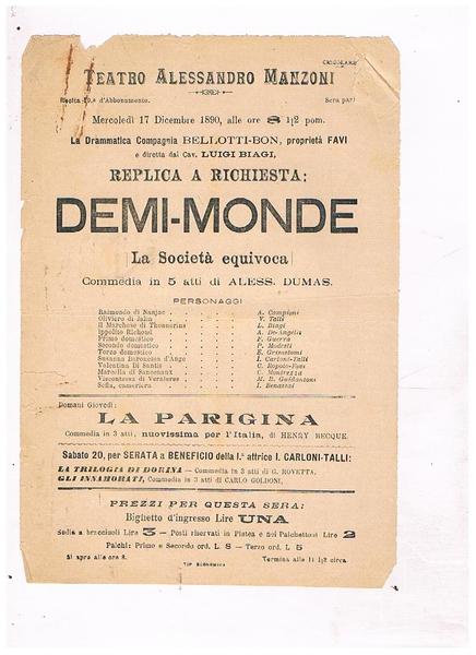 Teatro Alessandro Manzoni; mercoledi 17 dicembre 1890 la compagnia Bellotti-Bon …