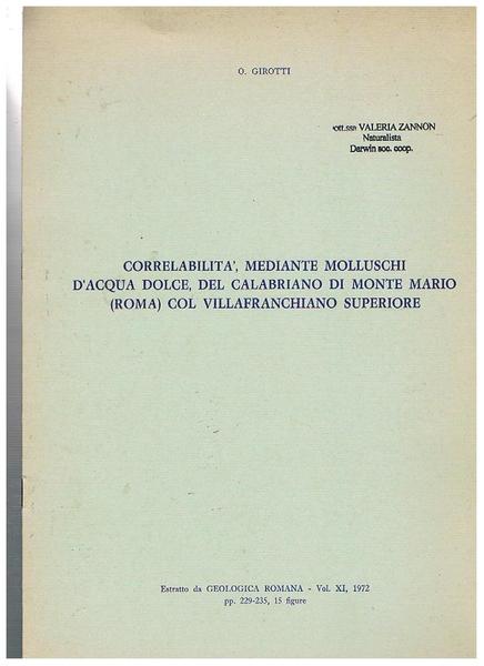 Correlabilità, mediante molluschi d'acqua dolce del calabriano di Monte Mario …
