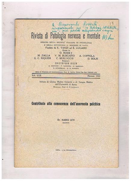 Contributo alla conoscenza dell'anoressia psichica. Fasc. della rivista di patologia …