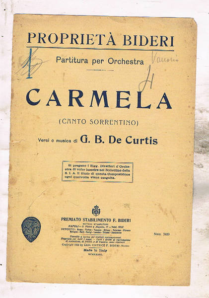 Carmela (canto sorrentino), partitura per orchesta: clarinetto, violoncello, trombone, contrabbasso, …