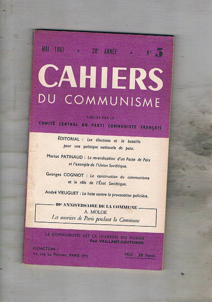 Cahiers du communisme n° 5 Mai 1951. Contiene: 80° de …