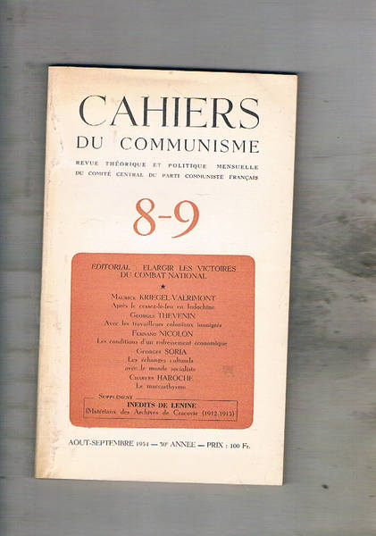 Cahiers du communisme n° 8-9 aout-sept. 1954. Après le cessez-le …