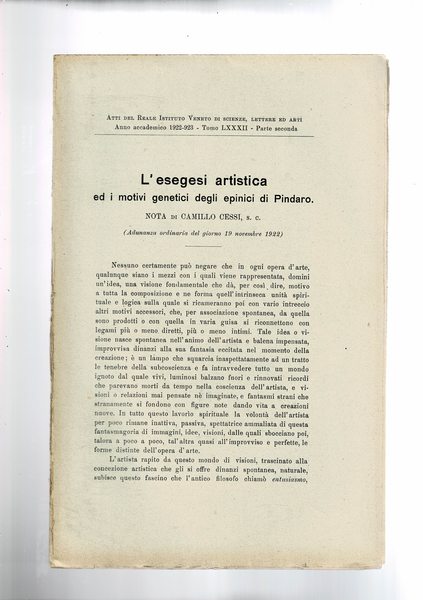 L'esegesi artistica ed i nuovi genetici degli epinici di Pindaro. …