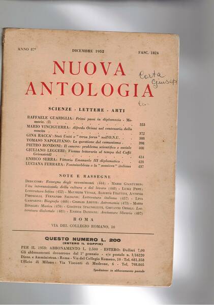 Nuova Antologia scienze lettere arti. n° dic. 1952. Alfredo Oriani …