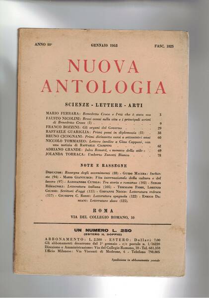 Nuova Antologia scienze lettere arti. n° gen. 1953. Benedetto Croce …