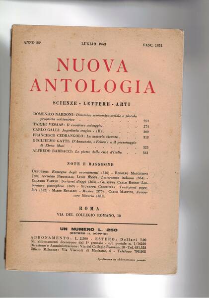 Nuova Antologia scienze lettere arti. n° lug. 1953. Dinamica economica-sociale …