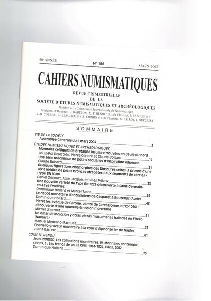 Cahiers numismatiques revue trimestrelle de la societé d'etudes numismatiqueset archeologiques. …