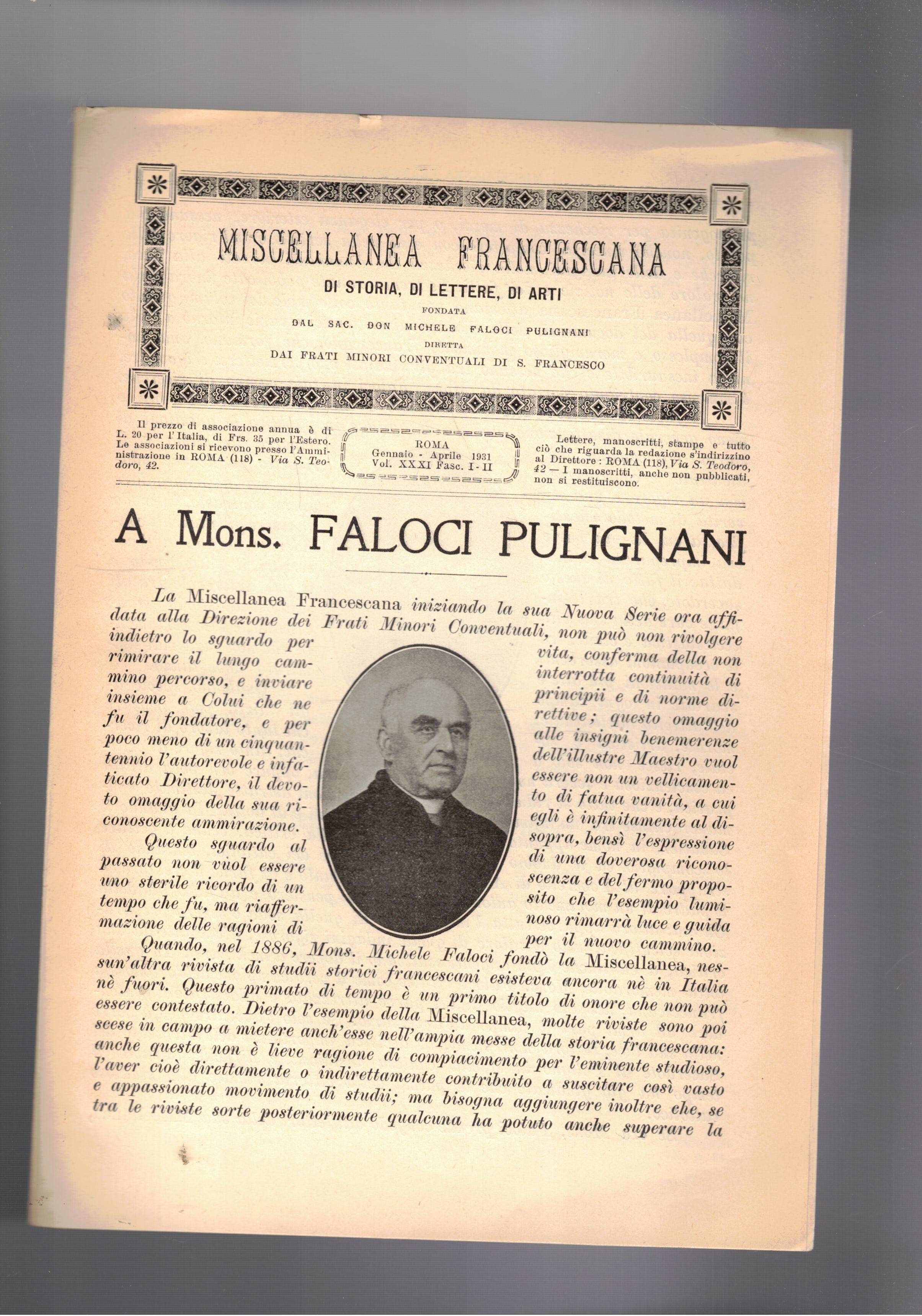 A mons. Faloci Polignani. Fasc. di miscellanea francescana di Aprile …