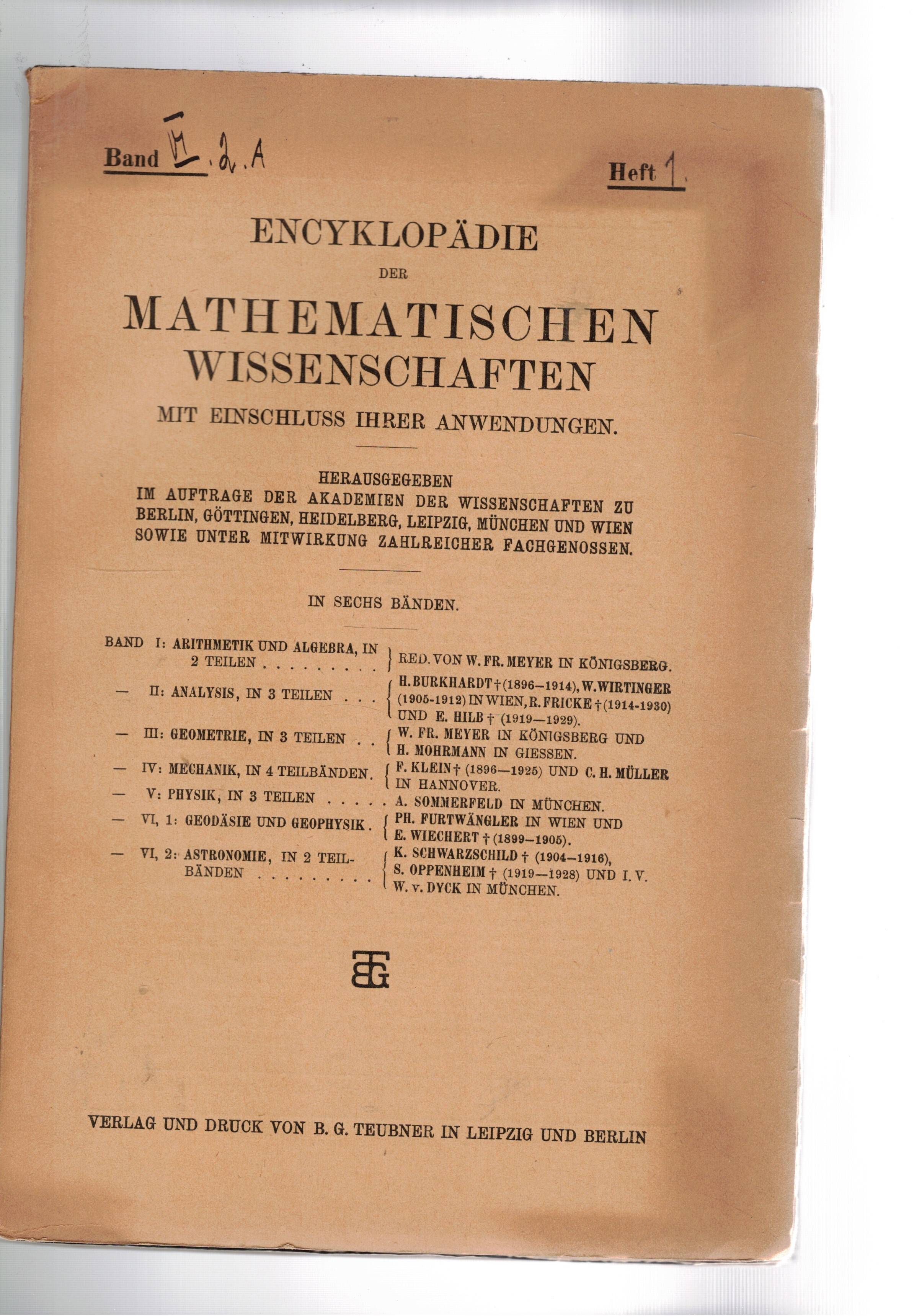 Encyklopädie der mathematischen Wissenschaften mit Einschluss ihrer Anwendungen. Band VI …