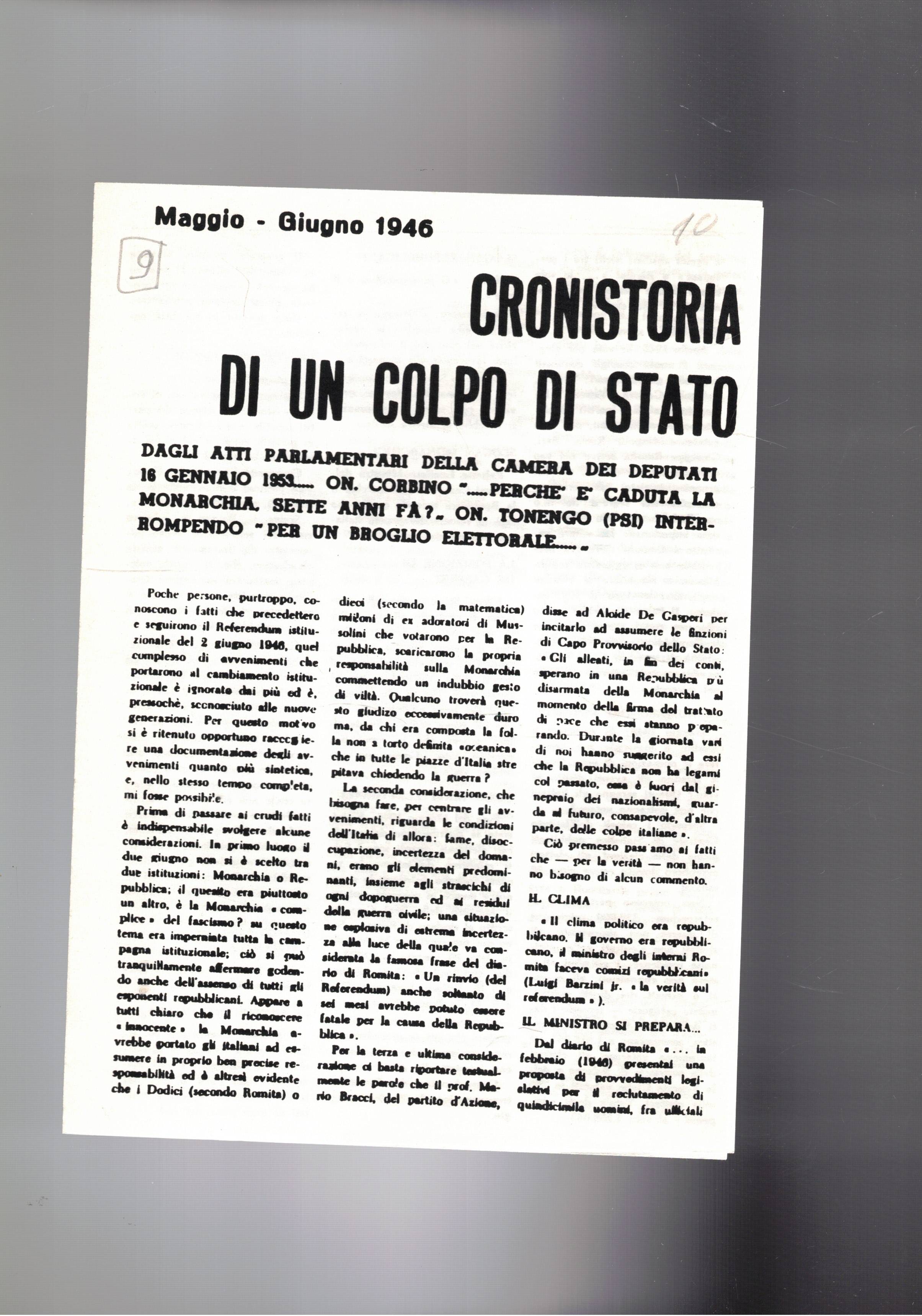 Foglio di 4 pagine intestato maggio - giugno 1946 Cronistoria …