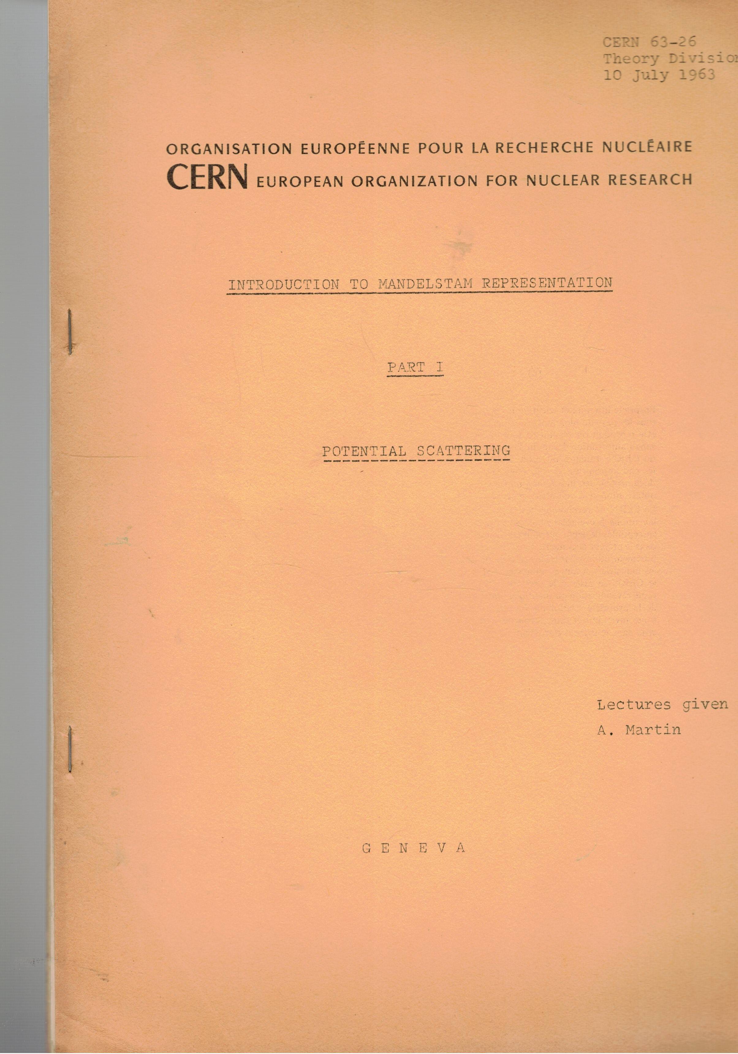 INtroduction to mandelstam representation pari1° potential scattering.