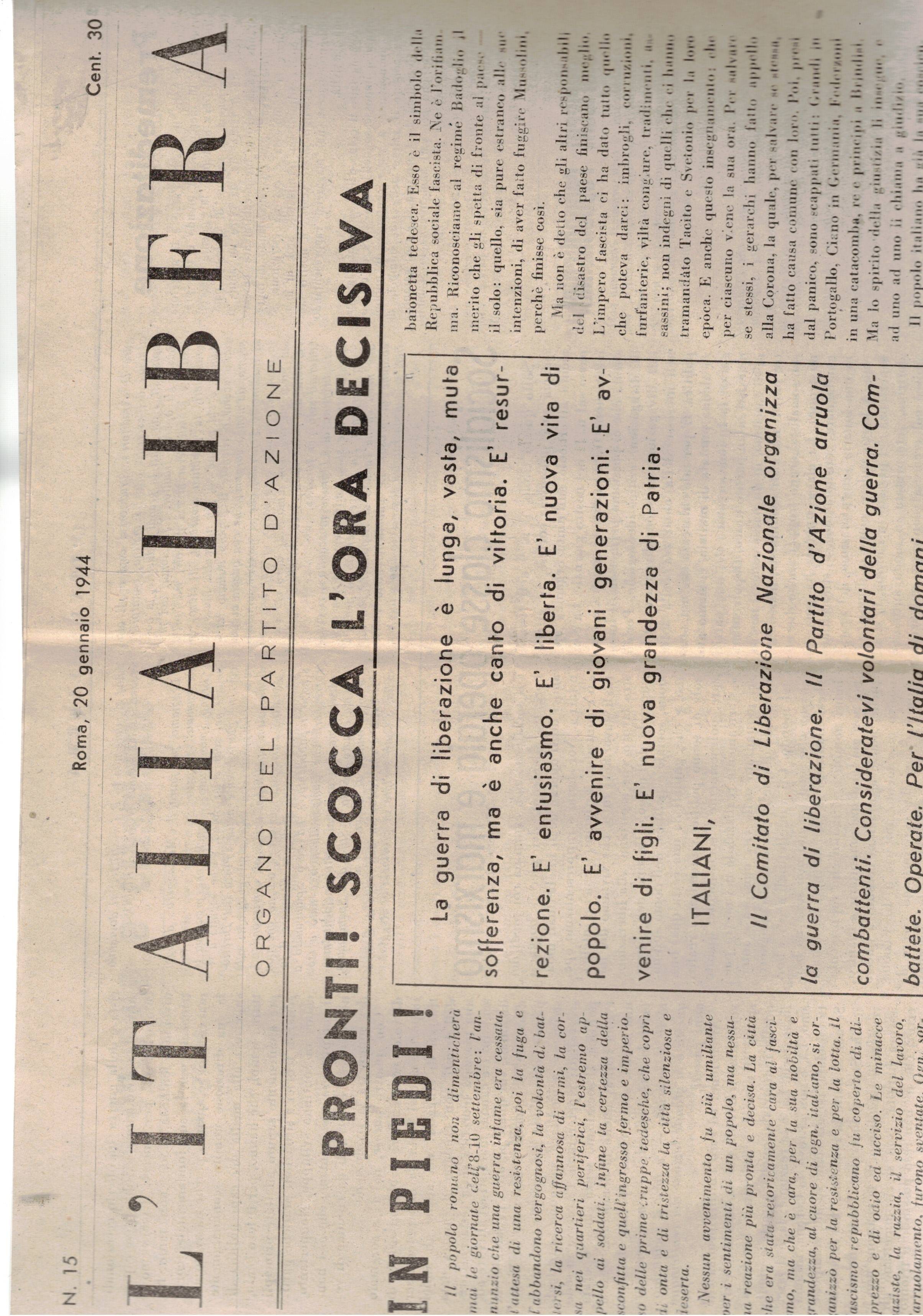 L'Italia Libera, organo del partito d'azione. n° 15 del 20 …