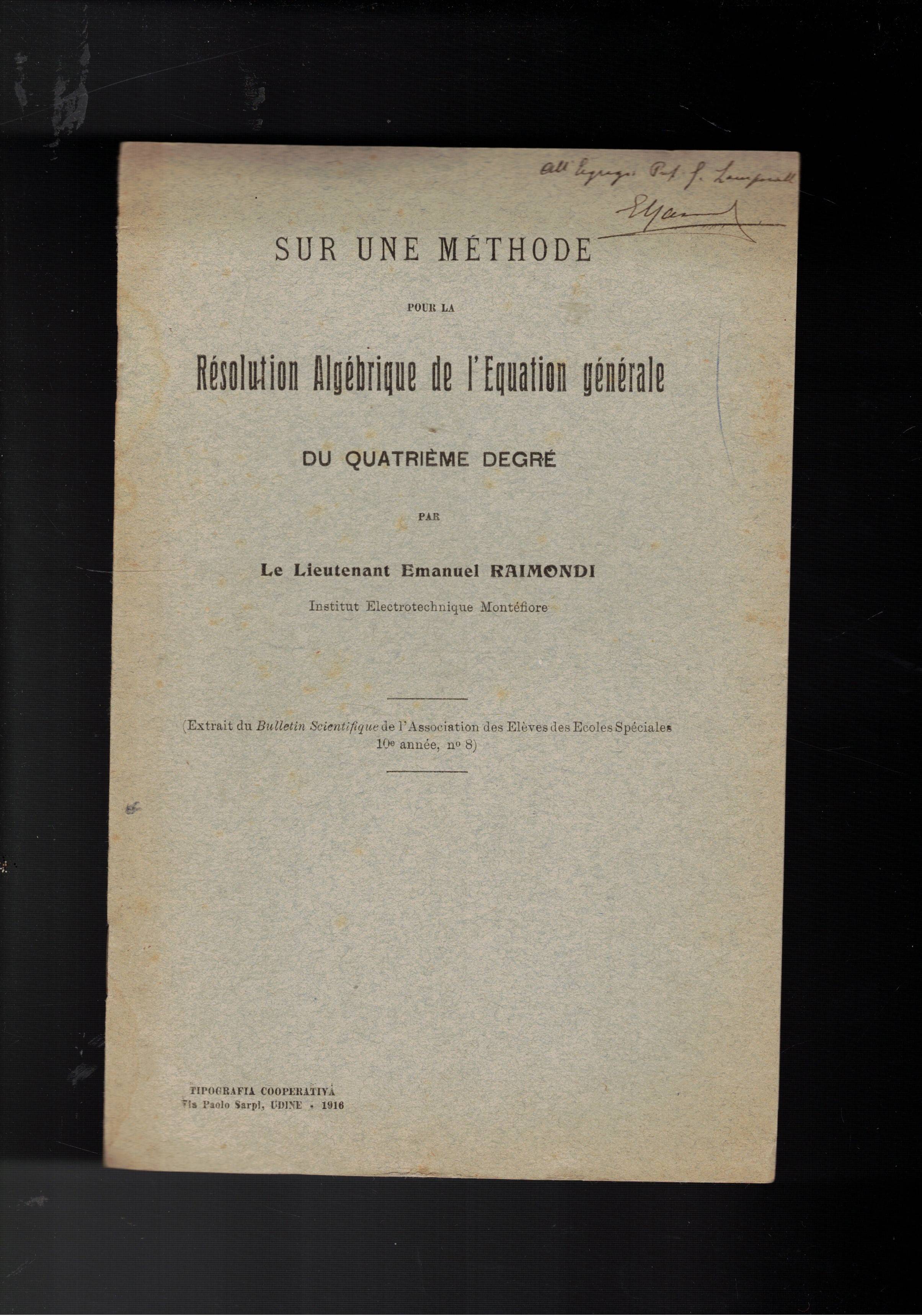 Sur une methode pour la Résolution Algébrique de l'Equation générale …