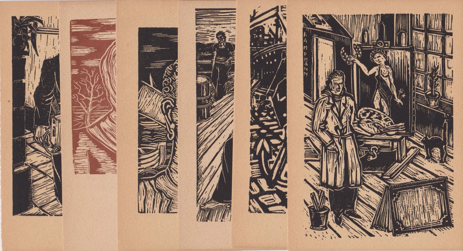 10 Postkarten mit Holzschnitten von Alexander Kampmann.